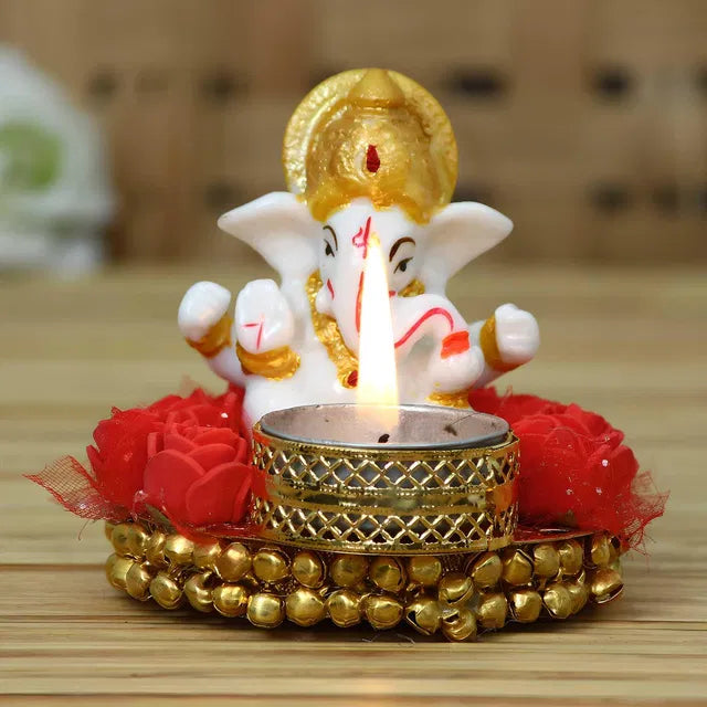 Lord Ganesha Idol with Tea Light Holder – Decorative Puja Plate