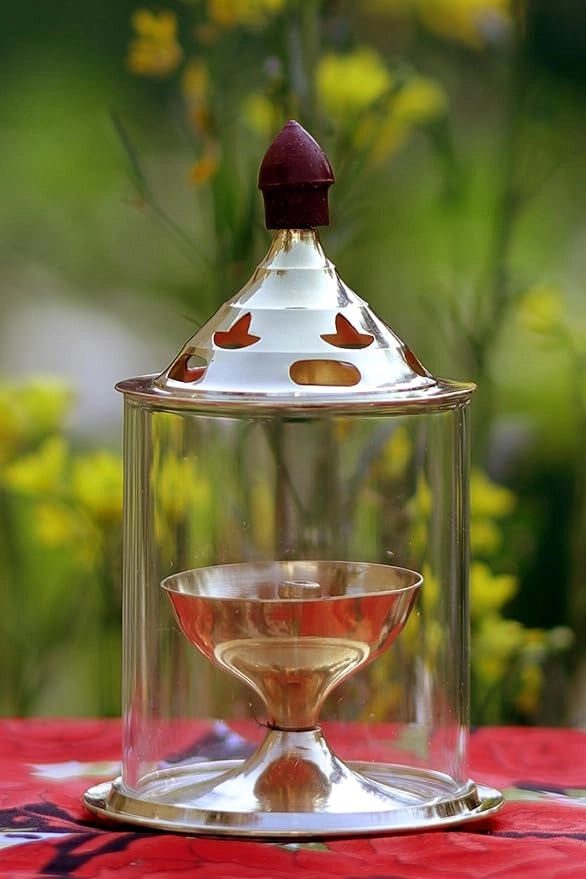 Brass & Glass Akhand Deep Diya with Cover – Puja Oil Lamp