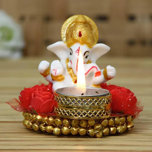 Lord Ganesha Idol with Tea Light Holder – Decorative Puja Plate