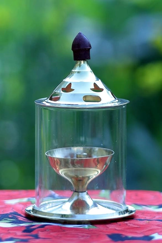 Brass & Glass Akhand Deep Diya with Cover – Puja Oil Lamp